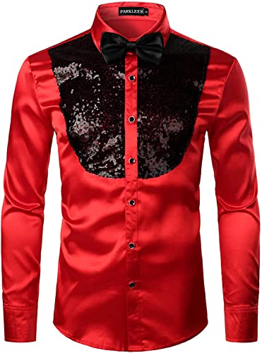 PARKLEES Herren Luxus Glänzende Seide wie Satin Langarm Kleid Shirts für Party Disco Abschlussball, Zlcl22-red Schwarz, XL von PARKLEES