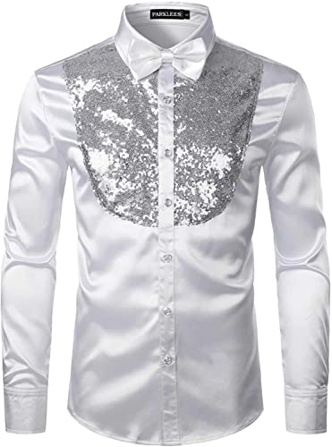 PARKLEES Herren Luxus Glänzende Seide wie Satin Langarm Kleid Shirts für Party Disco Abschlussball, Zlcl22-white Silber, M von PARKLEES