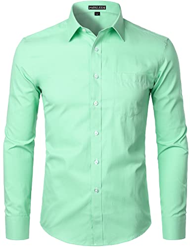 PARKLEES Herren Langarm Slim Fit Freizeit Business Hochzeit Hemd mit Brusttasche PYZSGCL02 Hellgrün L von PARKLEES