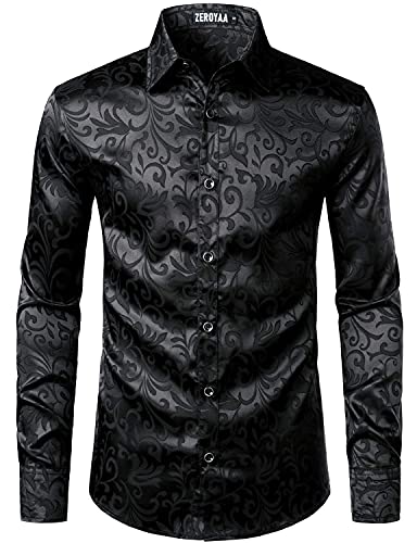 PARKLEES Herren Luxus Jacquard Langarm Kleid Hemd Slim Fit Satin Slik Like Floral Printend Shirts für Hochzeit Party Abschlussball, Schwarz , XL von PARKLEES