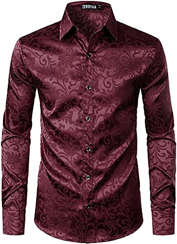 PARKLEES Herren Luxus Jacquard Langarm Kleid Hemd Slim Fit Satin Slik Like Floral Printend Shirts für Hochzeit Party Abschlussball, kastanienbraun, S von PARKLEES