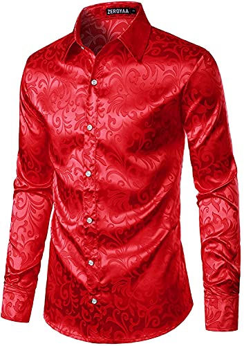 PARKLEES Herren Luxus Jacquard Langarm Kleid Hemd Slim Fit Satin Slik Like Floral Printend Shirts für Hochzeit Party Abschlussball, rot, L von PARKLEES