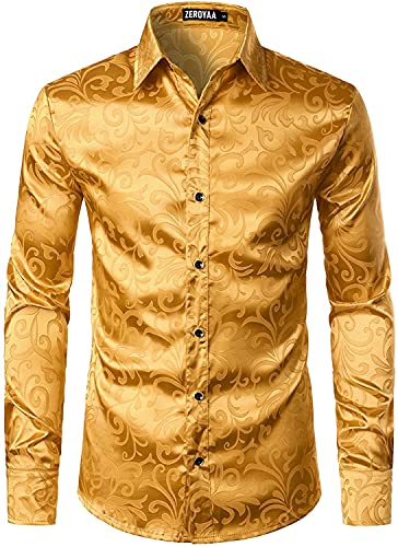 PARKLEES Herren Luxus Jacquard Langarm Kleid Hemd Slim Fit Satin Slik Like Floral Printend Shirts für Hochzeit Party Abschlussball, gold, L von PARKLEES