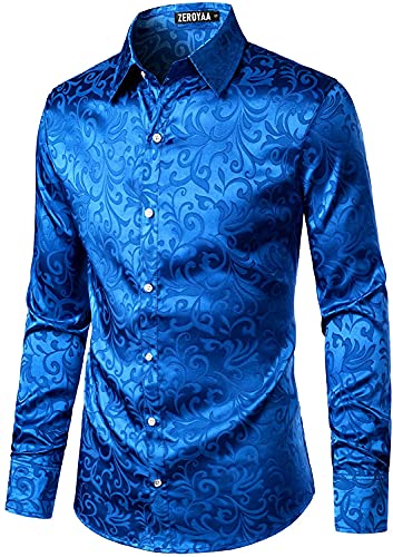 PARKLEES Herren Luxus Jacquard Langarm Kleid Hemd Slim Fit Satin Slik Like Floral Printend Shirts für Hochzeit Party Abschlussball, königsblau, XL von PARKLEES