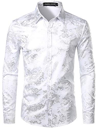 PARKLEES Herren Luxus Paisley Gemustert Golden Glänzend Slim Fit Freizeithemd Weiß Silber L von PARKLEES