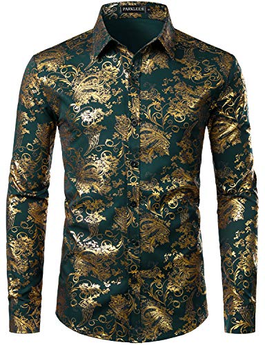 PARKLEES Herren Luxus Paisley Gemustert Golden Glänzend Slim Fit Freizeithemd ZLCL18 Dunkel Waldgrün L von PARKLEES