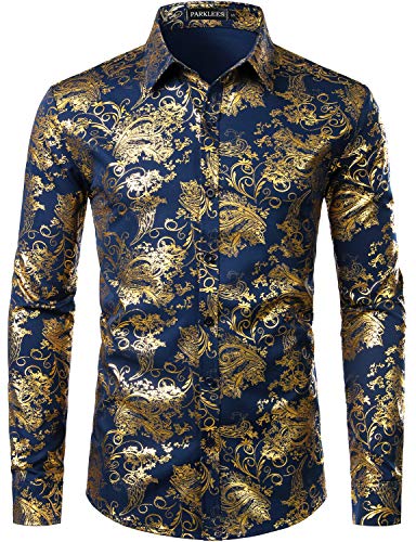 PARKLEES Herren Luxus Paisley Gemustert Golden Glänzend Slim Fit Freizeithemd ZLCL18 Navy Golden L von PARKLEES