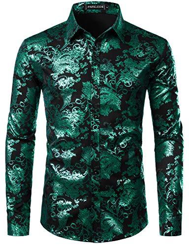 PARKLEES Herren Luxus Paisley Gemustert Golden Glänzend Slim Fit Freizeithemd ZLCL18 Schwarz Dunkel Grün L von PARKLEES