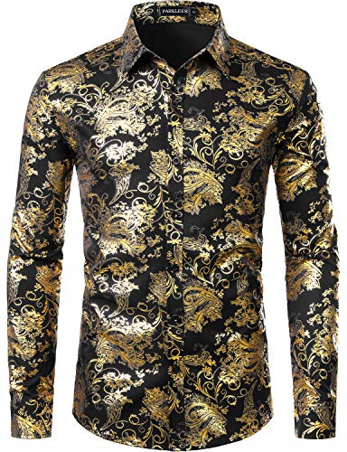 PARKLEES Herren Luxus Paisley Gemustert Golden Glänzend Slim Fit Freizeithemd ZLCL18 Schwarz Golden L von PARKLEES