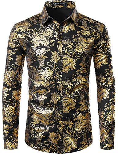 PARKLEES Herren Luxus Paisley Gemustert Golden Glänzend Slim Fit Freizeithemd ZLCL18 Schwarz Golden M von PARKLEES