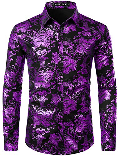 PARKLEES Herren Luxus Paisley Gemustert Golden Glänzend Slim Fit Freizeithemd ZLCL18 Schwarz Lila M von PARKLEES