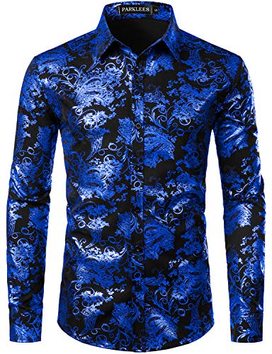 PARKLEES Herren Luxus Paisley Gemustert Golden Glänzend Slim Fit Freizeithemd ZLCL18 Schwarz Royal Blau M von PARKLEES