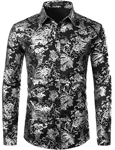 PARKLEES Herren Luxus Paisley Gemustert Golden Glänzend Slim Fit Freizeithemd ZLCL18 Schwarz Silber L von PARKLEES