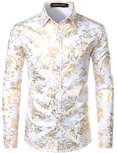 PARKLEES Herren Luxus Paisley Gemustert Golden Glänzend Slim Fit Freizeithemd ZLCL18 Weiß Golden L von PARKLEES