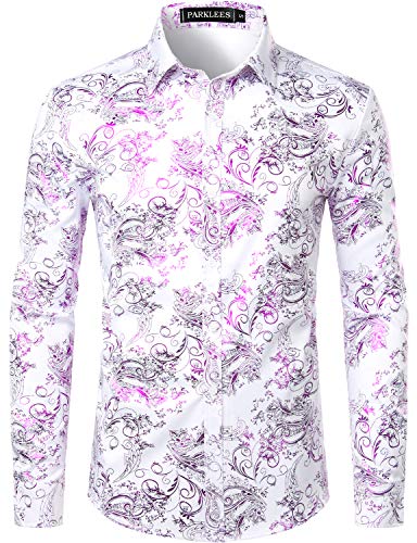 PARKLEES Herren Luxus Paisley Gemustert Golden Glänzend Slim Fit Freizeithemd ZLCL18 Weiß Lila M von PARKLEES