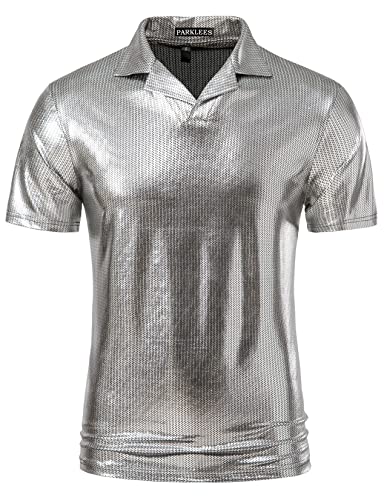 PARKLEES Herren-Poloshirt Hipster, Metallic-Gold, kurzärmelig, 70er-Jahre-Disco-Nachtclub-Party-T-Shirts, silber, M von PARKLEES