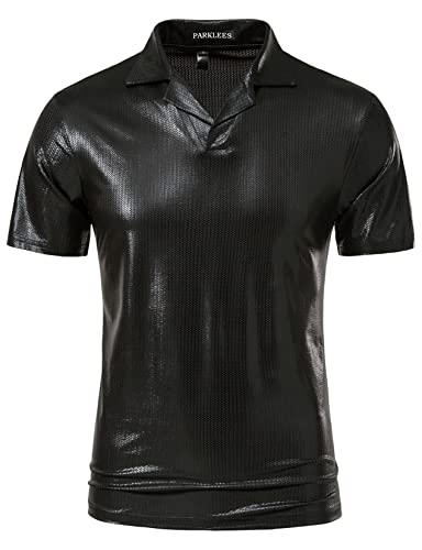 PARKLEES Herren-Poloshirt Hipster, Metallic-Gold, kurzärmelig, 70er-Jahre-Disco-Nachtclub-Party-T-Shirts, Schwarz , M PARKLEES Herren-Poloshirt Hipster, Metallic-Gold, kurzärmelig, 70er-Jahre-Disco-Nachtclub-Party-T-Shirts, Schwarz , M von PARKLEES