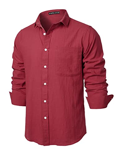 PARKLEES Herren Regular Fit Baumwolle wie Leinen Hemd Casual Langarm Button Down Shirts mit Tasche, Rotbraun, XXL von PARKLEES