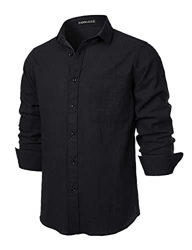 PARKLEES Herren Regular Fit Baumwolle Like Linen Shirt Casual Langarm Button Down Shirts mit Tasche, Schwarz , L von PARKLEES