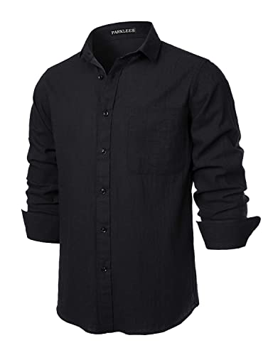 PARKLEES Herren Regular Fit Baumwolle wie Leinen Hemd Casual Langarm Button Down Shirts mit Tasche, Schwarz , S PARKLEES Herren Regular Fit Baumwolle wie Leinen Hemd Casual Langarm Button Down Shirts mit Tasche, Schwarz , S von PARKLEES