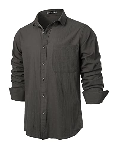 PARKLEES Herren Regular Fit Baumwolle wie Leinen Hemd Casual Langarm Button Down Shirts mit Tasche, anthrazit, L von PARKLEES