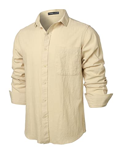 PARKLEES Herrenhemd, normale Passform, Baumwollähnliches Leinen, lässig, langärmelig, Button-Down-Shirt, mit Tasche, beige, M von PARKLEES