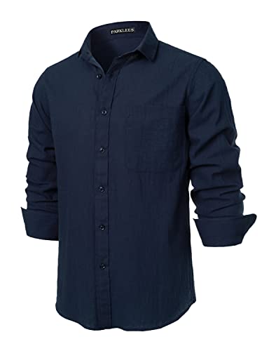 PARKLEES Herren Regular Fit Baumwolle Like Linen Shirt Casual Langarm Button Down Shirts mit Tasche, marineblau, M von PARKLEES