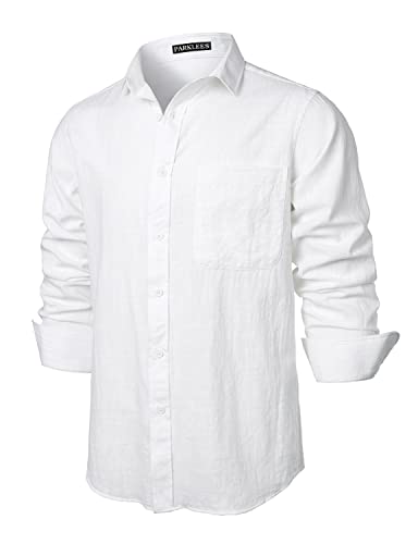 PARKLEES Herren Regular Fit Baumwolle Like Linen Shirt Casual Langarm Button Down Shirts mit Tasche, weiß, L von PARKLEES