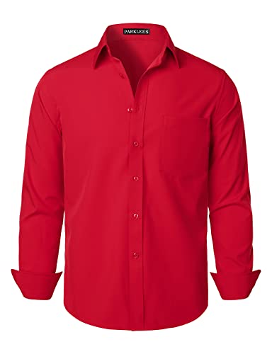 PARKLEES Herren Regular Fit Kleid Hemd Solide Faltenfrei Langarm Casual Business Button Up Hemden mit Tasche, Feuerrot, XL von PARKLEES