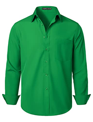PARKLEES Herren Regular Fit Kleid Hemd Solide Faltenfrei Langarm Casual Business Button Up Hemden mit Tasche, Kleeblattgrün, L von PARKLEES