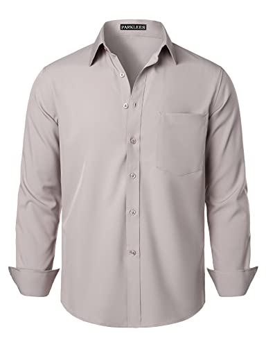 PARKLEES Herren Regular Fit Kleid Hemd Solid Faltenfrei Langarm Casual Business Button Up Shirts mit Tasche, Mandelgrau, L von PARKLEES