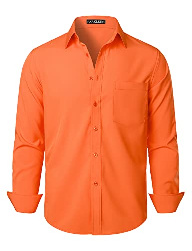 PARKLEES Herren Regular Fit Kleid Hemd Solid Faltenfrei Langarm Casual Business Button Up Shirts mit Tasche, Orange, M von PARKLEES