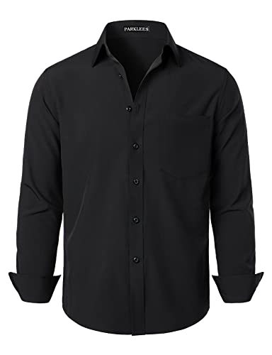 PARKLEES Herren Regular Fit Kleid Hemd Solide Faltenfrei Langarm Casual Business Button Up Hemden mit Tasche, Schwarz , L von PARKLEES