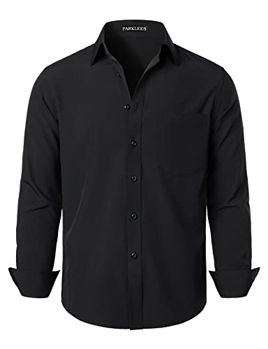 PARKLEES Herren Regular Fit Kleid Hemd Solid Faltenfrei Langarm Casual Business Button Up Shirts mit Tasche, Schwarz , XXL von PARKLEES
