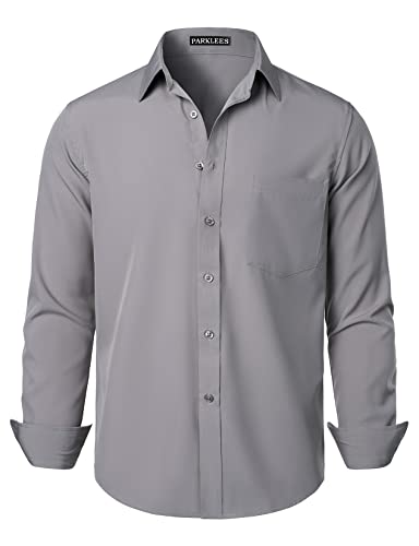 PARKLEES Herren Regular Fit Kleid Hemd Solid Faltenfrei Langarm Casual Business Button Up Shirts mit Tasche, grau, L von PARKLEES