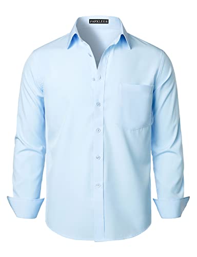 PARKLEES Herren Regular Fit Kleid Hemd Solid Faltenfrei Langarm Casual Business Button Up Shirts mit Tasche, himmelblau, XL von PARKLEES