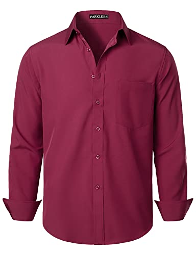 PARKLEES Herren Regular Fit Kleid Hemd Solide Faltenfrei Langarm Casual Business Button Up Hemden mit Tasche, kastanienbraun, L von PARKLEES