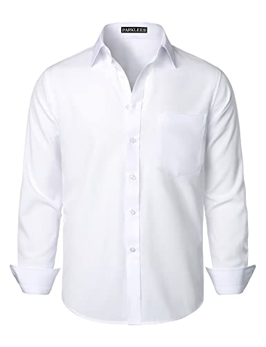 PARKLEES Herren Regular Fit Kleid Hemd Solide Faltenfrei Langarm Casual Business Button Up Hemden mit Tasche, weiß, S von PARKLEES