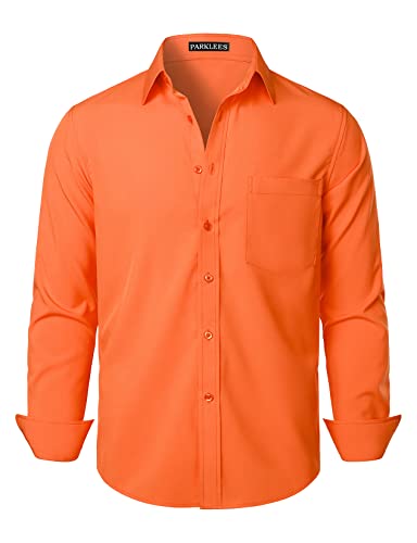 PARKLEES Herren Regular Fit Kleid Hemd Solide Faltenfrei Langarm Casual Business Button Up Hemden mit Tasche, Orange, L von PARKLEES