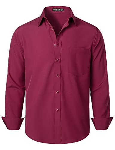 PARKLEES Herren Regular Fit Kleid Hemd Solide Faltenfrei Langarm Casual Business Button Up Hemden mit Tasche, kastanienbraun, M von PARKLEES