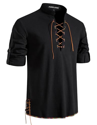 PARKLEES Herren Renaissance Kostüme Retro Lace Up Langarm Shirts für Piraten Wikinger Mittelalter, dunkelschwarz, L von PARKLEES