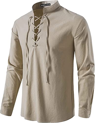 PARKLEES Herren Retro Baumwolle Freizeithemd Langarm Schnürbare Hemden Mittelalterlich Piraten Kostüm für Halloween PPPA275 Khaki L PARKLEES Herren Retro Baumwolle Freizeithemd Langarm Schnürbare Hemden Mittelalterlich Piraten Kostüm für Halloween PPPA275 Khaki L von PARKLEES