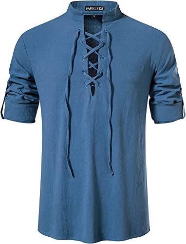 PARKLEES Herren Retro Baumwolle Freizeithemd Langarm Schnürbare Hemden Mittelalterlich Piraten Kostüm für Halloween PPPA275 Klassisches Blau S von PARKLEES