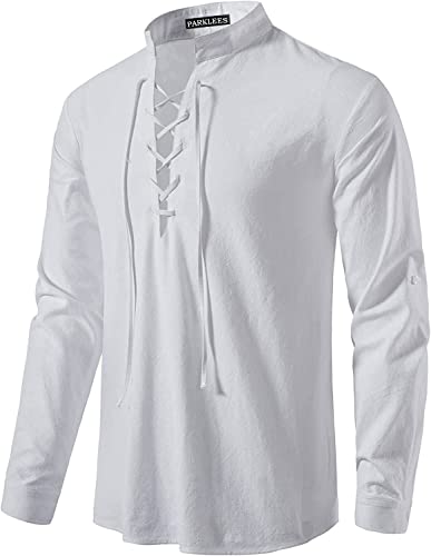 PARKLEES Herren Retro Baumwolle Freizeithemd Langarm Schnürbare Hemden Mittelalterlich Piraten Kostüm für Halloween PPPA275 Weiß L von PARKLEES