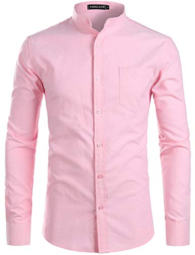 PARKLEES Herren Slim Fit Einfarbig Langarm Stehkragen Oxford Hemd mit Brusttasche PZ112 Rosa M von PARKLEES