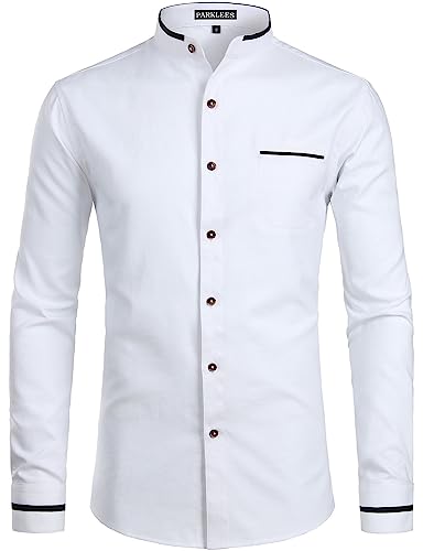 PARKLEES Herren Slim Fit Einfarbig Langarm Stehkragen Oxford Hemd mit Brusttasche PZ113 Weiß S von PARKLEES