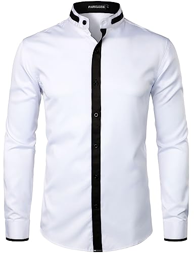 PARKLEES Herren Slim Fit Langarm Button Up Casual Band Kragen Hemden, Cl34-weiß, S von PARKLEES