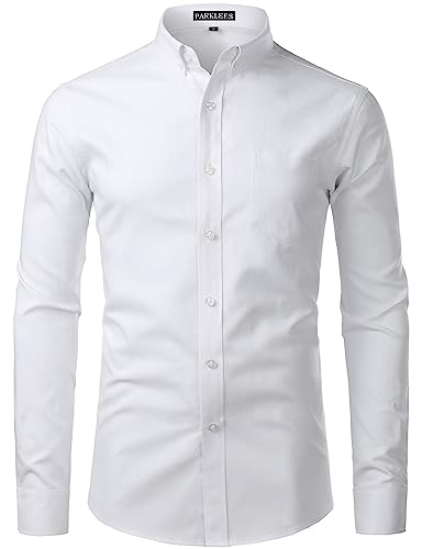 PARKLEES Herren Slim Fit Langarm Oxford Button Down Business Hemd Freizeithemd PZ111 Weiß L von PARKLEES