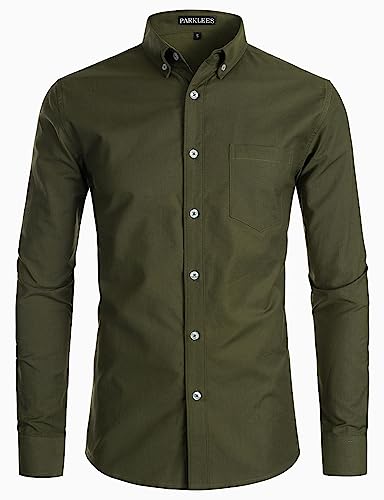 PARKLEES Herren Slim Fit Langarm Smart Casual Button Down Oxford Hemden, armee-grün, M von PARKLEES