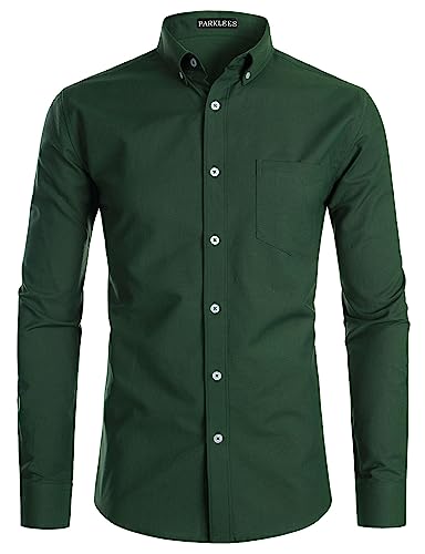 PARKLEES Herren Slim Fit Langarm Smart Casual Button Down Oxford Hemden, armee-grün, M von PARKLEES